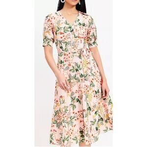 LOFT Leafed Dobby Stripe Sugar Peach Floral Midi Shirtdress, 6 Petite